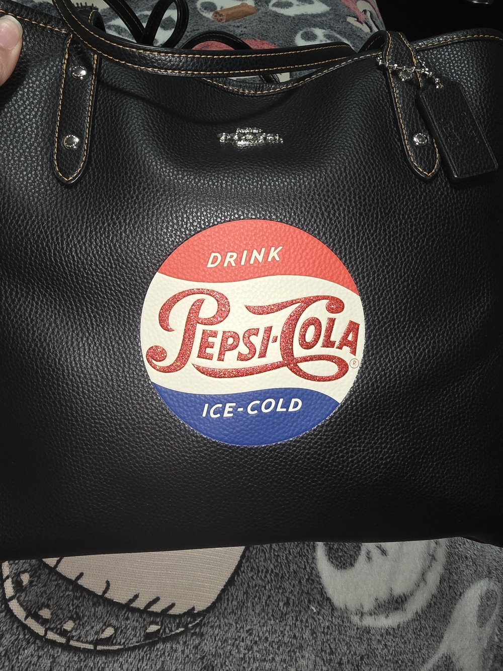 Coach Black Leather Tote with Retro Pepsi-Cola Logo